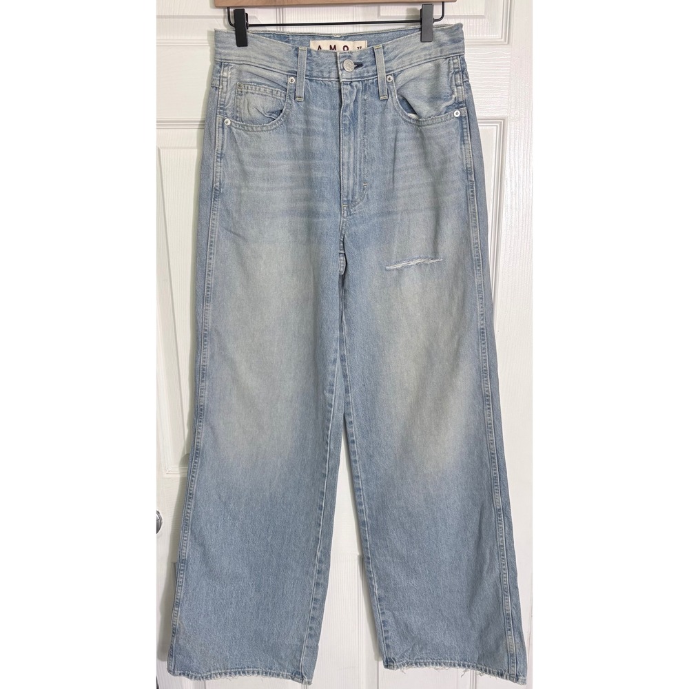 AMO Frida Wide Leg Jeans 27 Honey Wash High Rise Distressed Raw Hem A191127-764